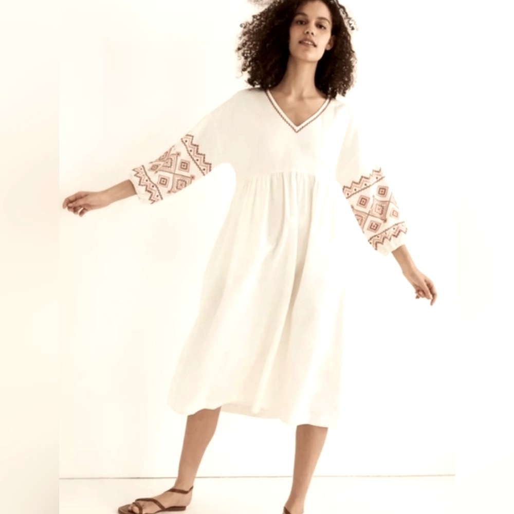 Madewell Lighthouse Embroidered-Sleeve Popover Midi Dress in Ivory